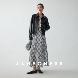 JANEONESS 夹克皮衣外套春秋女 简约时髦翻领质感油蜡PU皮宽松短款