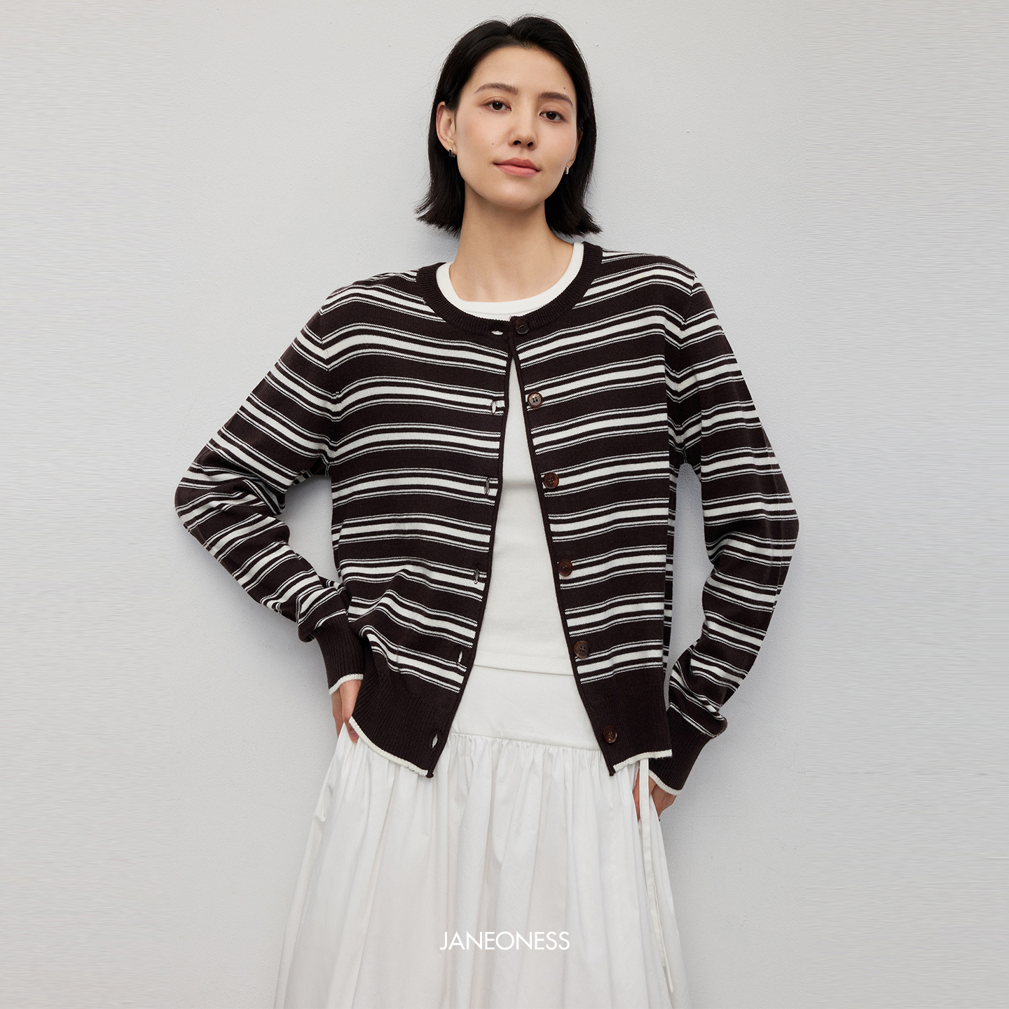 JANEONESS 羊毛混纺慵懒撞色圆领条纹长袖毛衣针织开衫上衣外套女