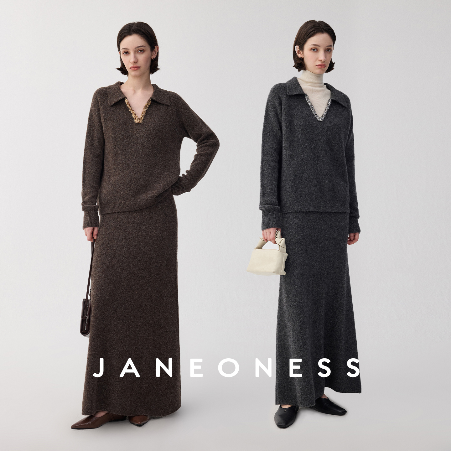 JANEONESS 羊驼毛羊毛慵懒软糯亮片珠花V领针织毛衣/半裙套装女