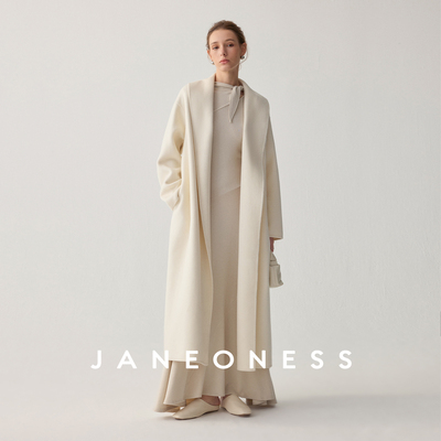 JANEONESS 重磅100支高克重羊绒羊毛双面呢青果领浴袍式系带大衣