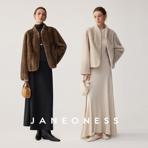 JANEONESS 环保皮草仿水貂毛蓬松保暖半高小V领廓形连肩皮草外套