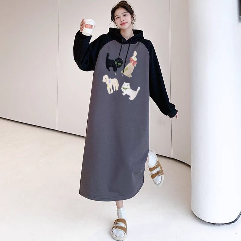 韩版卡通卫衣过膝长裙女春秋2024新款宽松大码显瘦胖mm连帽连衣裙