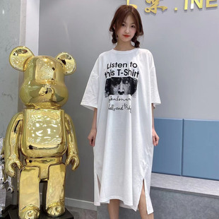 长款过膝孕妇裙女韩版字母印花开叉慵懒风宽松腰短袖连衣裙夏