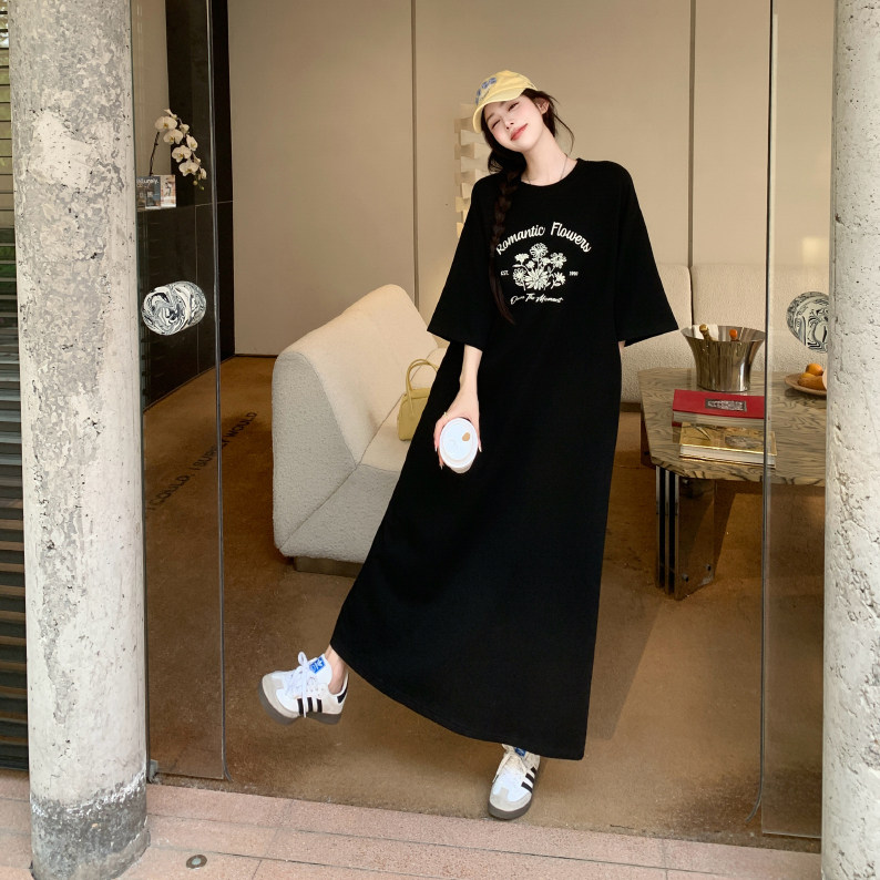 夏季短袖t恤裙女韩版宽松直筒显瘦过膝长裙简约休闲连衣裙潮