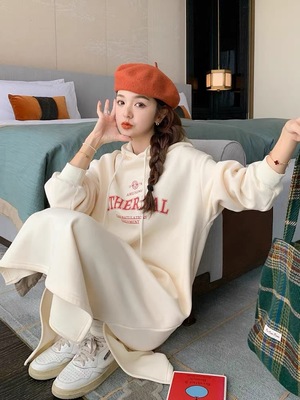 加绒连帽有口袋开叉卫衣裙秋冬季大码胖mm宽松显瘦遮肉过膝连衣裙