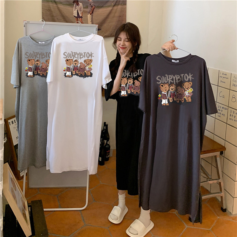 森系韩国韩版连衣裙短袖长款t恤裙新款宽松胖mm休闲过膝懒人裙潮