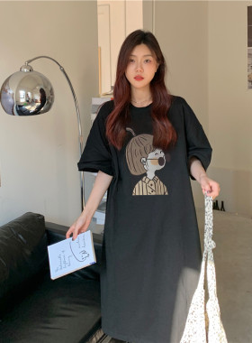 睡裙女款夏季短袖胖mm大码韩版学生家居服宽松孕妇过膝睡衣连衣裙