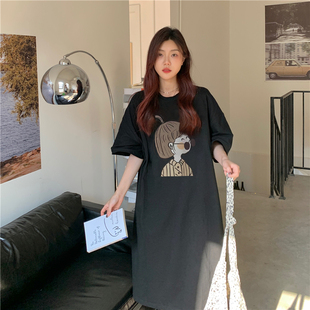 睡裙女款夏季短袖胖mm大码韩版学生家居服宽松孕妇过膝睡衣连衣裙