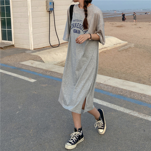 胖mm过膝长款T恤裙子女2023夏季韩版大码宽松休闲字母印花连衣裙