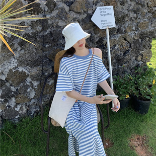 春夏纯棉新款 穿搭条纹露肩长裙孕妇连衣裙 宽松孕期休闲家居服时尚