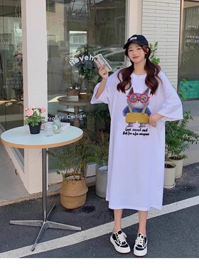 特大码女装遮肚子显瘦连衣裙胖mm夏装宽松休闲过膝长款t恤裙200斤