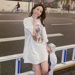 原宿风中长款短袖t恤裙女夏设计感小众印花美式复古宽松连衣裙