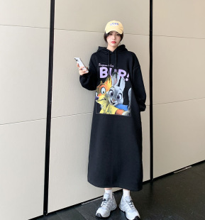 超大码连帽卫衣裙女秋冬加绒加厚宽松中长款过膝开叉有口袋长裙