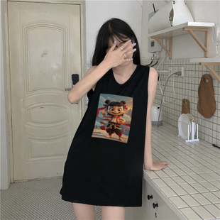 白色简约运动宽松坎肩无袖吊带背心女夏季外穿中长款t恤上衣球服