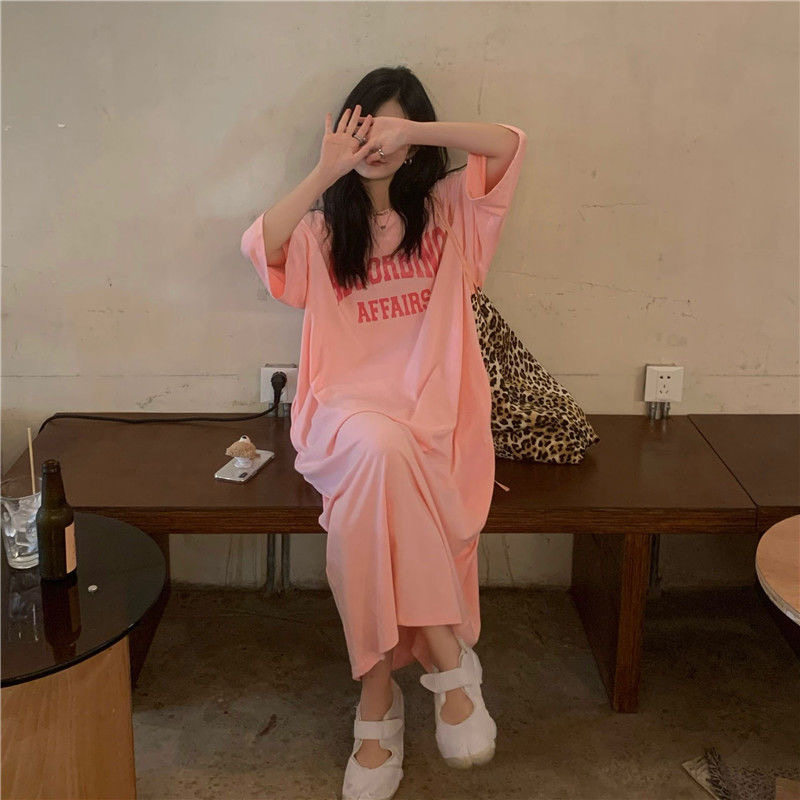 孕妇裙粉色短袖长款懒人长裙女夏宽松大码胖mm遮肚过膝连衣裙