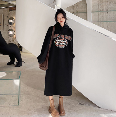 孕妇连衣裙秋冬新款加绒加厚连帽卫衣裙长款有口袋开叉宽松大码裙