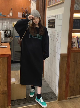 早秋套头圆领韩版cec卫衣裙女印花时尚宽松下摆开叉有口袋连衣裙