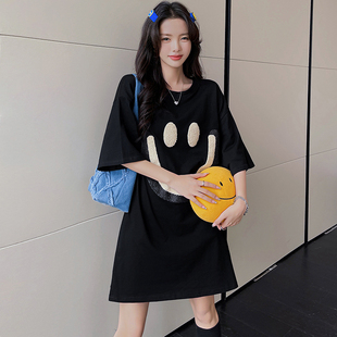 短袖T恤女夏季新款ins原宿风宽松百搭韩版简约学生笑脸印花中长款
