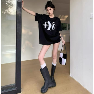 大码胖妹妹酷女孩穿搭T恤裙夏季短款H型圆领简约松弛感可外穿时髦