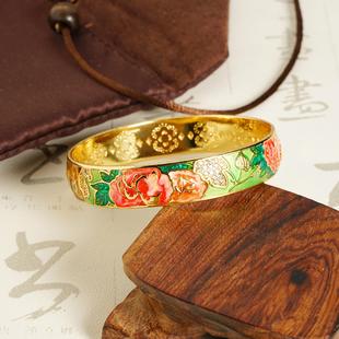 古法沙金烤漆珐琅彩手镯桃花三生三世花朵中国风百搭饰品