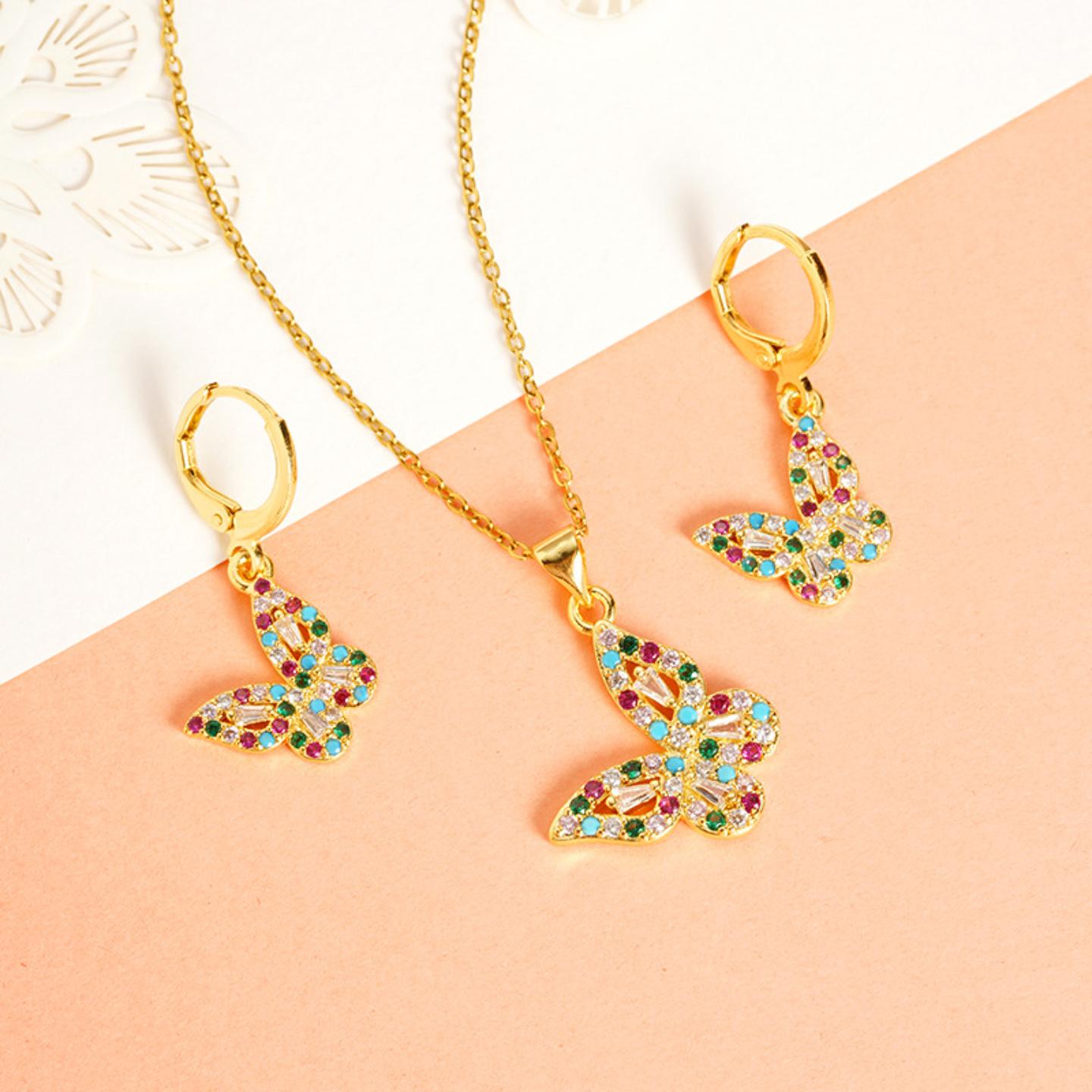 越南沙金项链蝴蝶耳钉套装