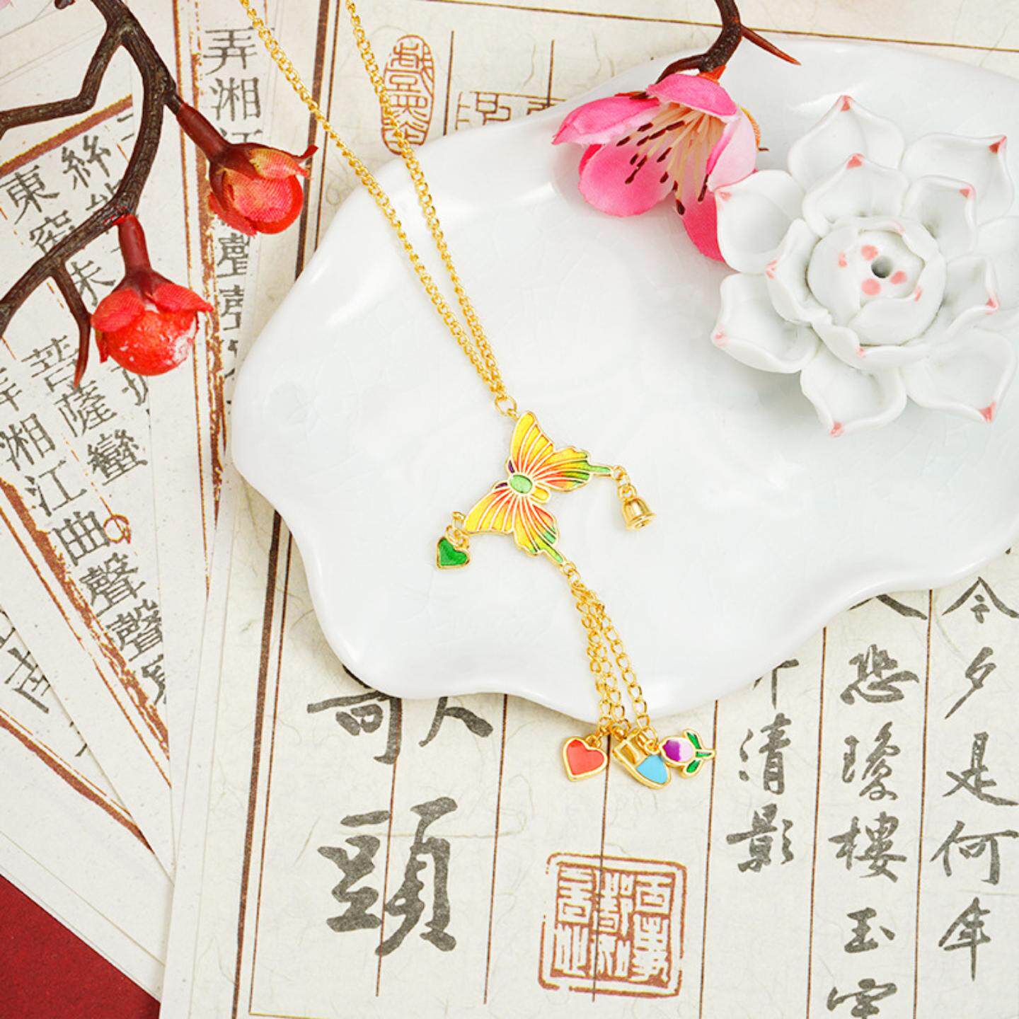 新中式古法沙金项链复古滴油流苏铃铛心形蝴蝶锁骨链女首饰品