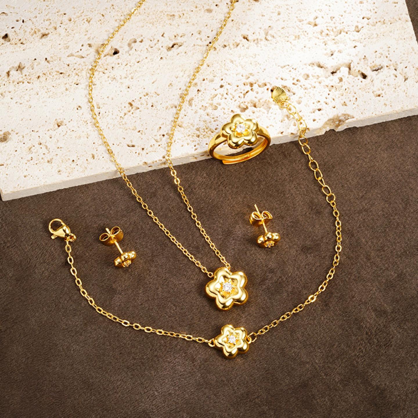 新品古法沙金项链民族风镶锆小金花手链耳饰戒指套装女首饰品货源