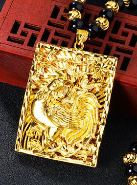 金鸡啼鸣方牌吊坠项链男黄铜镀仿