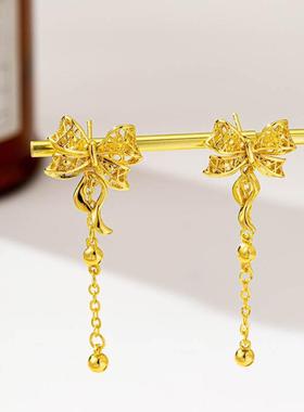 新中式蝴蝶结流苏沙金耳钉