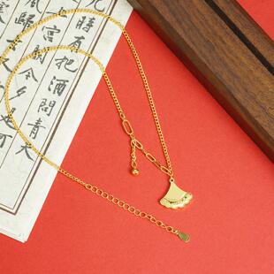 越南沙金锁骨链时尚轻奢风龙鳞银杏叶流苏项链女铜镀金首饰品货源