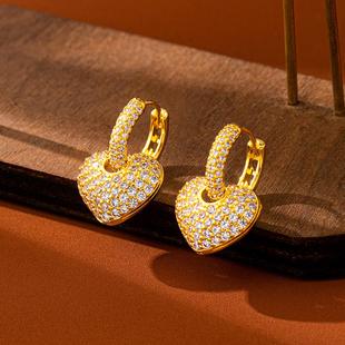 潮流镶锆爱心卡扣耳环百搭越南沙金耳圈女轻奢风久不掉色饰品
