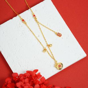 国潮越南沙金项链复古滴油五福临门福袋锁骨链女个性久不掉色饰品