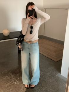 韩国AP时尚高级感高腰显瘦垂感直筒牛仔裤女宽松阔腿拖地长裤6178