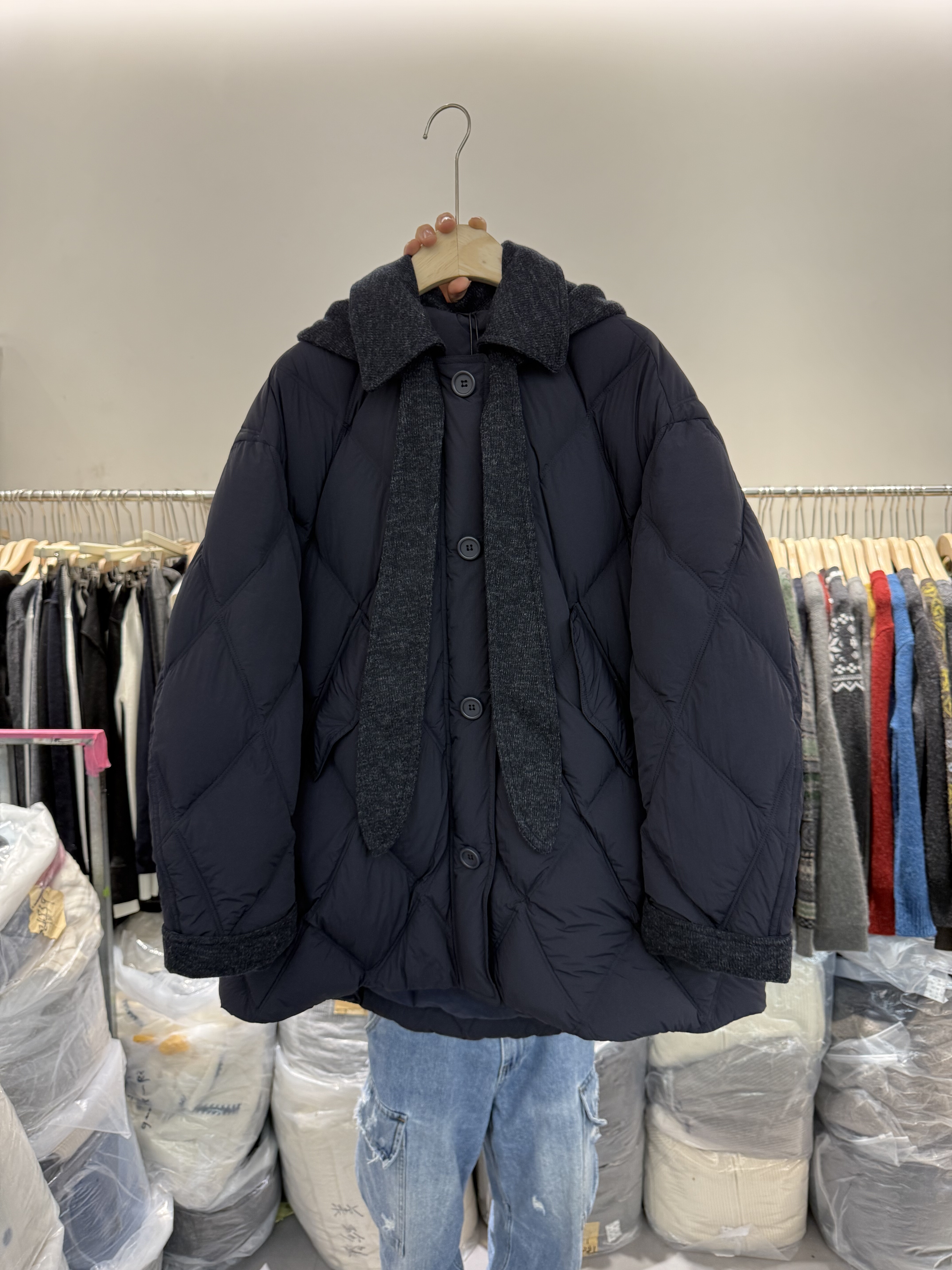 欧货88136时尚高级感中长款可拆卸拼接连帽90白鸭绒羽绒服面包服