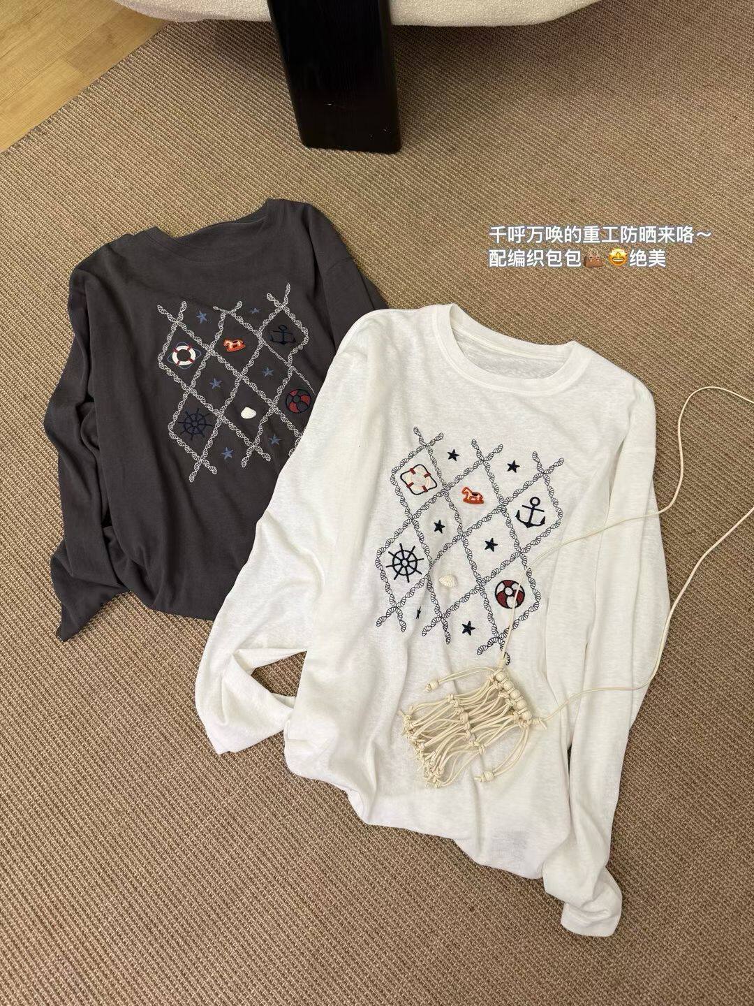 欧货531661慵懒风圆领长袖重工刺绣星星防晒棉T恤上衣配编织包包