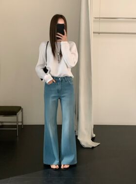 韩国AP弹力直筒微喇裤女新款港风复古高腰显瘦喇叭曼妙牛仔裤6199