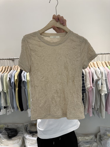 夏季褶皱肌理感天丝薄款透气圆领短袖T恤女百搭洋气打底上衣H0986