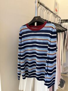 韩系时尚 T恤超细爽肤麻宽松休闲软糯百搭上衣 设计感撞色条纹长袖