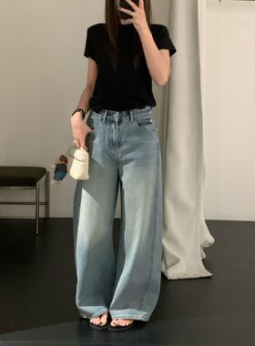 韩国AP时尚设计感宽松显瘦高腰阔腿百搭牛仔裤阔腿裤幂姐裤休闲裤