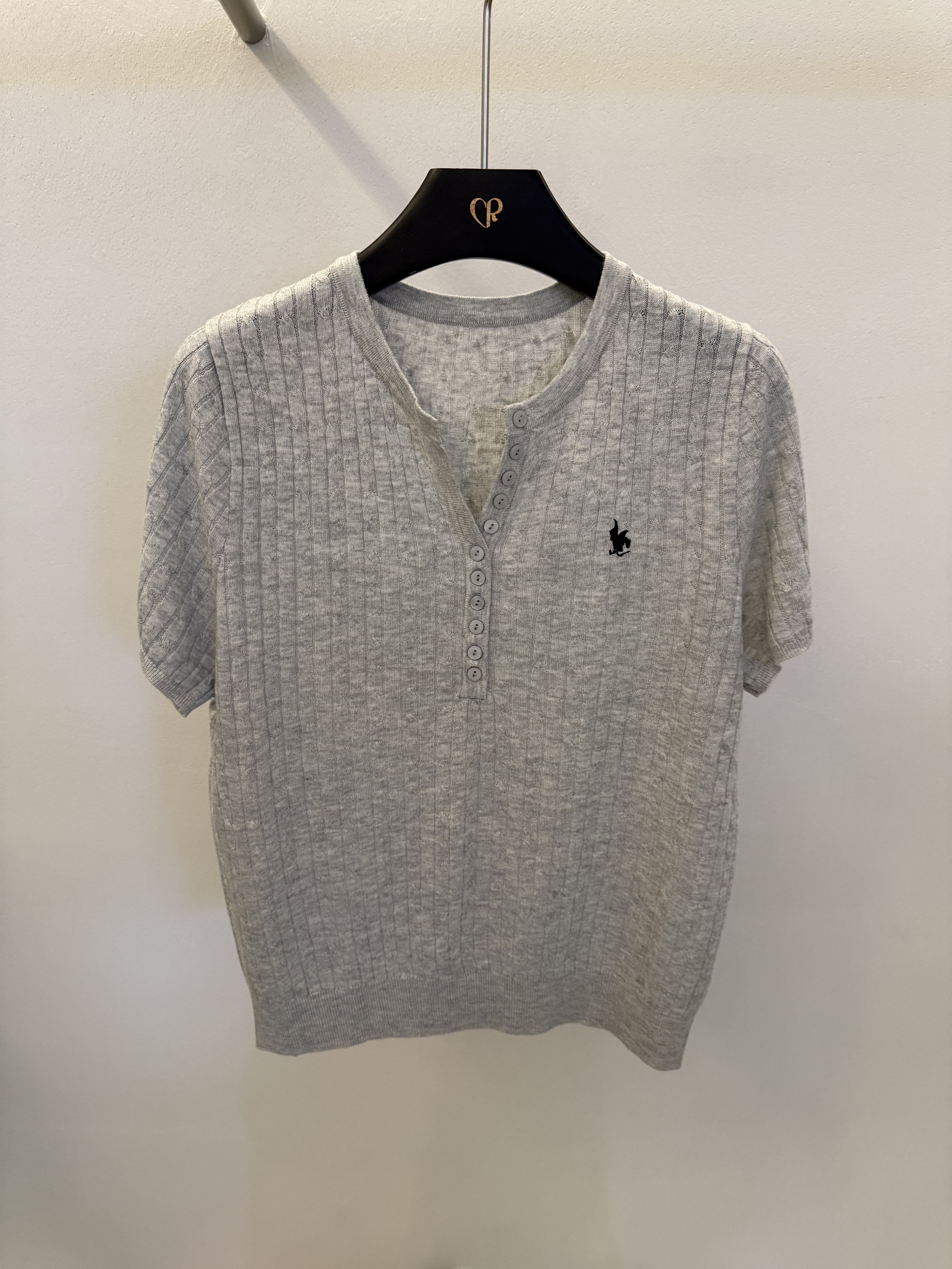 老钱风天丝羊毛麻花半开领刺绣短袖针织衫女修身圆领纽扣亚麻上衣