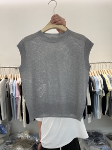 欧货时尚 亚麻冰丝针织马甲女气质百搭纯色打底上衣 高级感圆领无袖