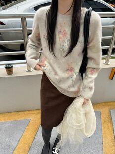 氛围感渐变晕染紫色花卉羊绒拉毛套头针织衫宽松软糯减龄保暖毛衣