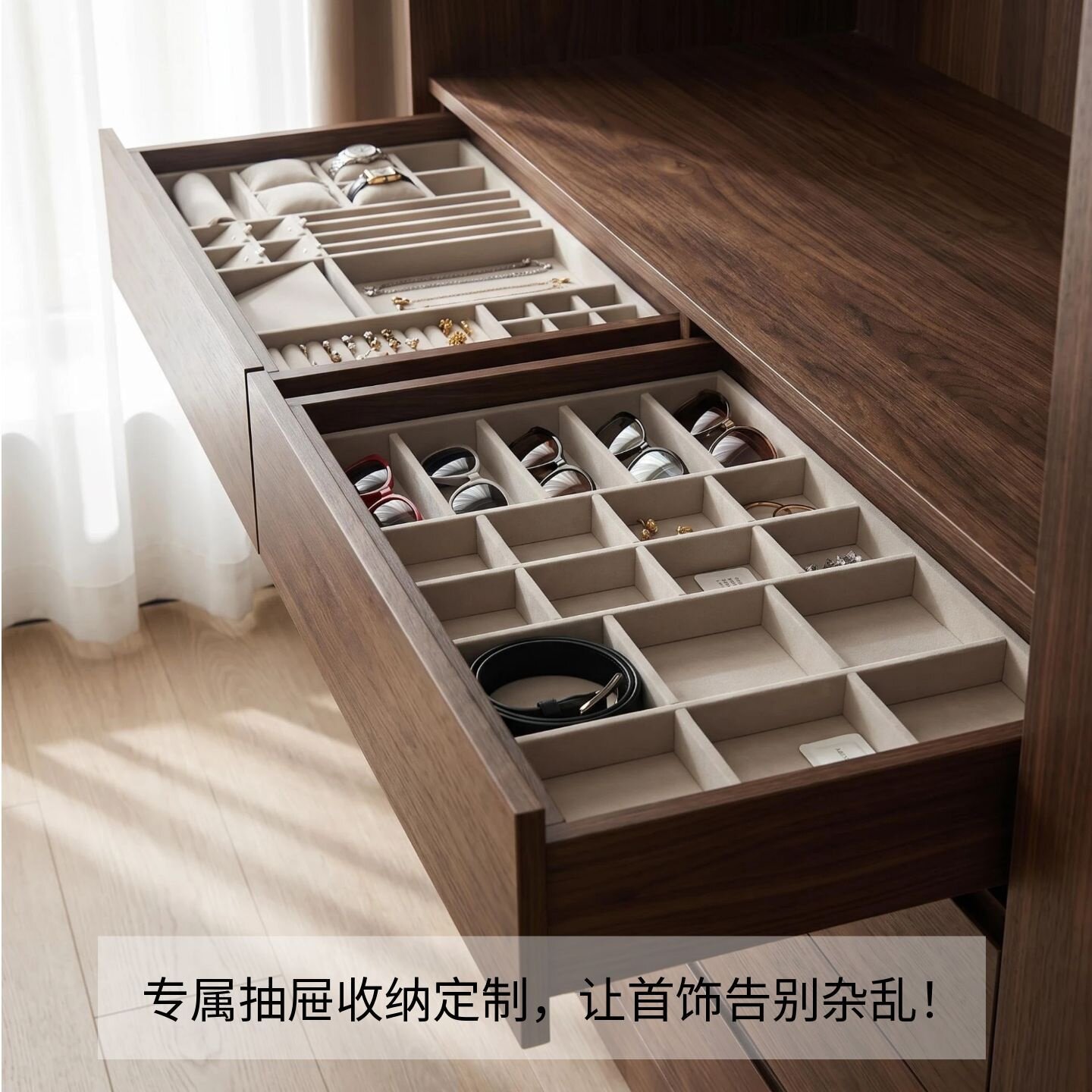 定制绒布抽屉首饰收纳盒盘梳妆台饰品项链戒指展示内隔层托盘实木图片