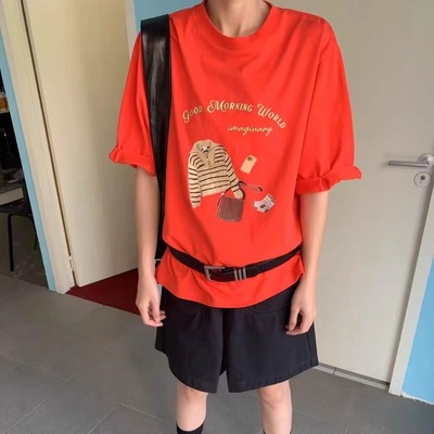 moment夏季韩版chic印花圆领T恤女基础款宽松慵懒风百搭短袖上衣
