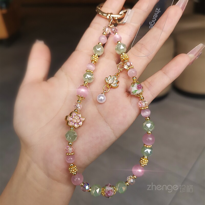 手机链古风莲花琉璃水晶串珠挂绳图片