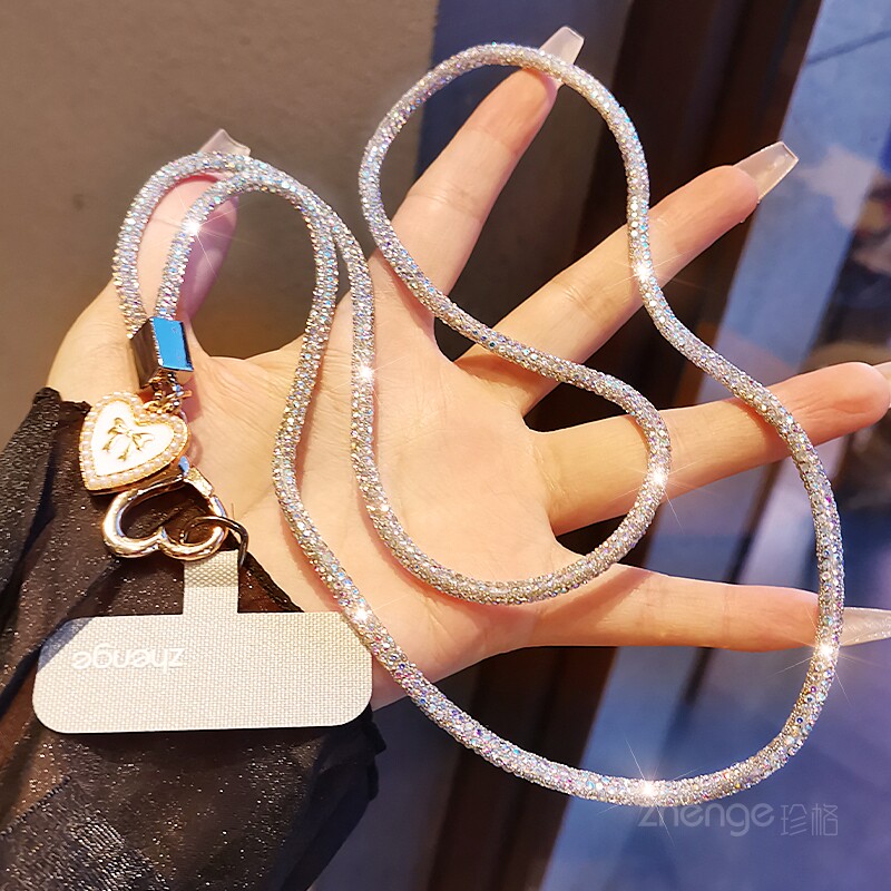 水钻手机挂绳长款小香风超闪满钻挂脖链精致吊坠工牌钥匙链壳结实