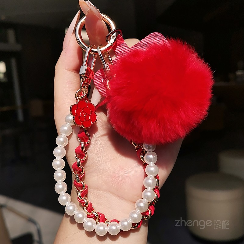 新年红小香风手机挂绳短款高级感珍珠皮卡链毛球吊坠钥匙壳结实女,3C数码配件,手机挂件/手机链,淘宝优惠券,粉丝福利购,淘宝优惠卷
