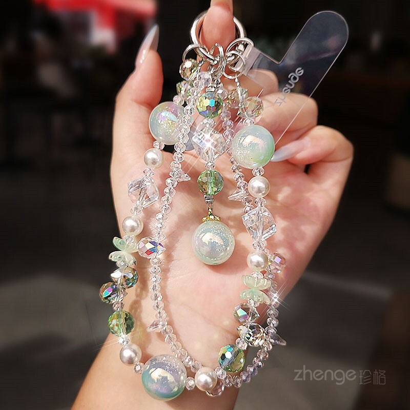手机挂绳短款奢华水晶圆珠挂件图片