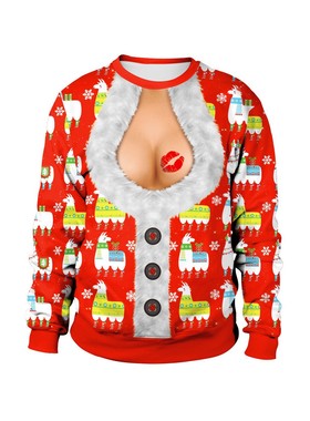 直销跨境亚马逊圣诞节节日恶搞露胸肚脐毛3D数码印花圆领套头情侣