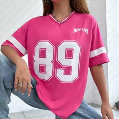 美式街头风球衣V领短袖数字89印花宽松休闲运动T恤女夏季上衣